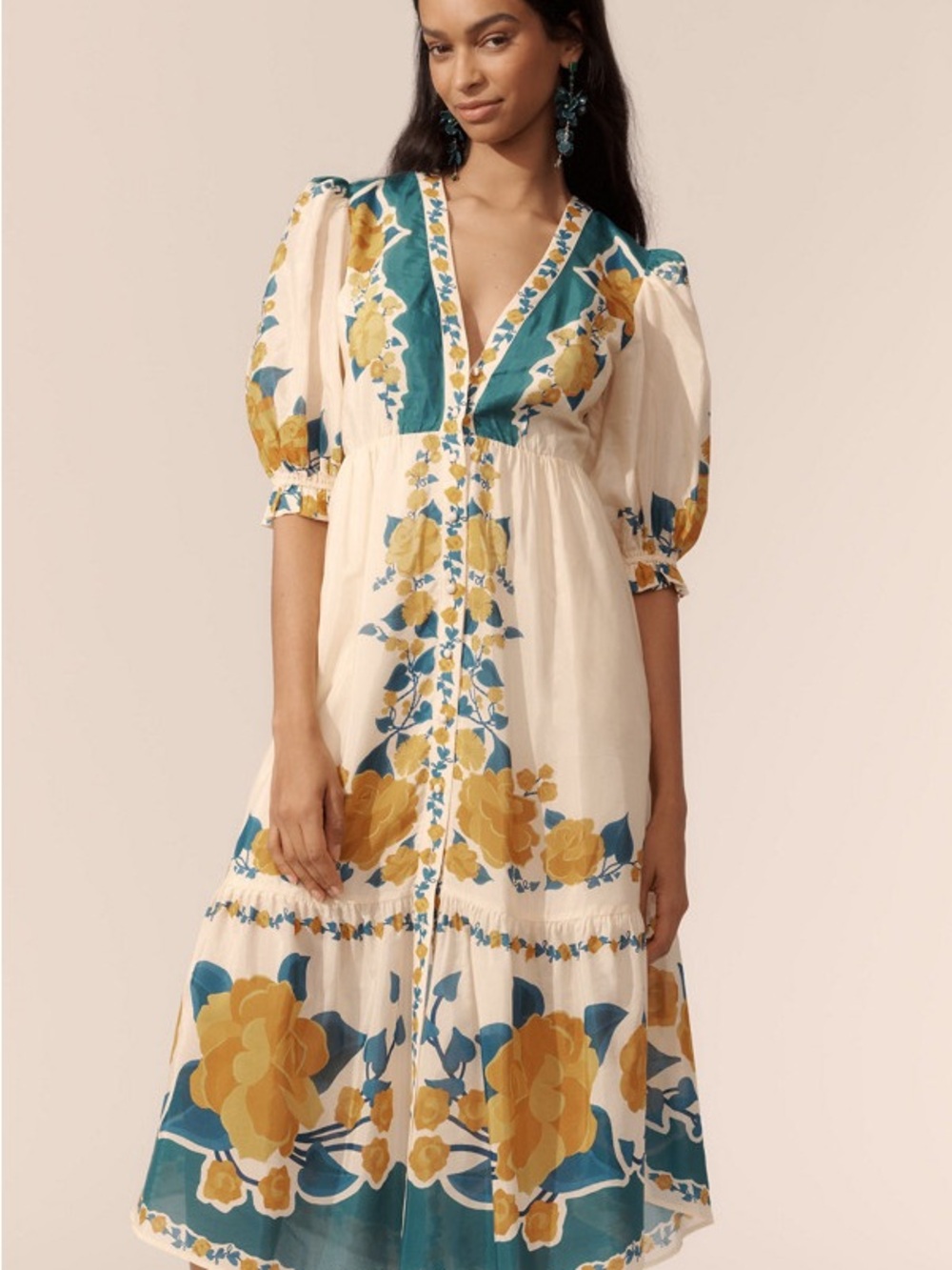 FARM Rio Cream Midi Dress with Yellow & Teal Floral Trim